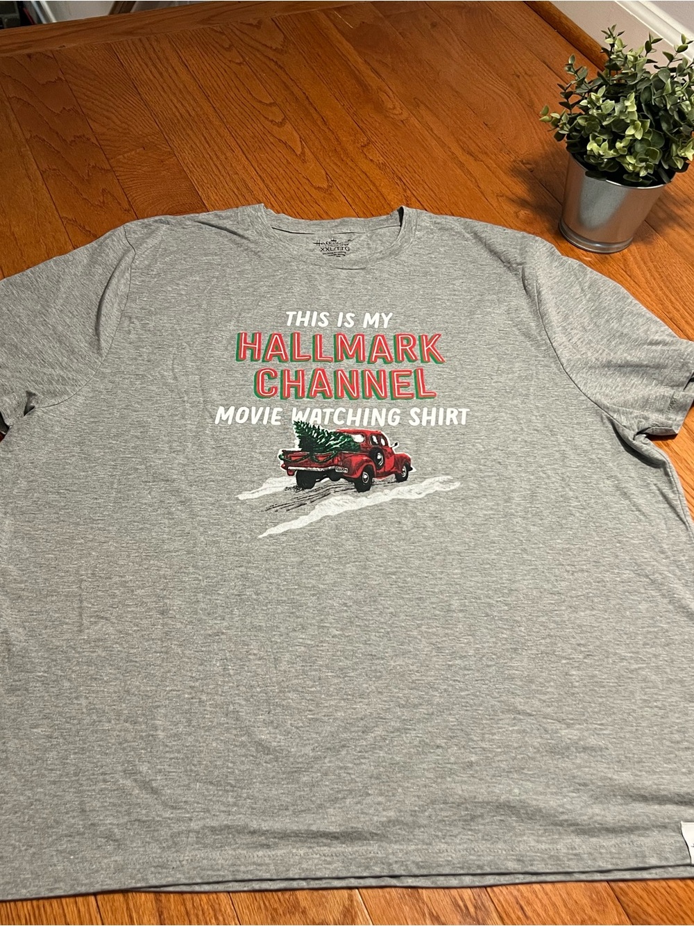 Hallmark Gray Tee with Red Truck and Green Tree Graphic